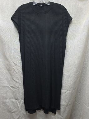 Eileen Fisher, Ribbed, Black, Cap-Sleeve, Midi Dress, Sm, Hi/lo Hem, Side Slits